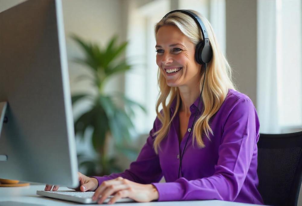 Woman Customer Service Gent In Puple Blouse