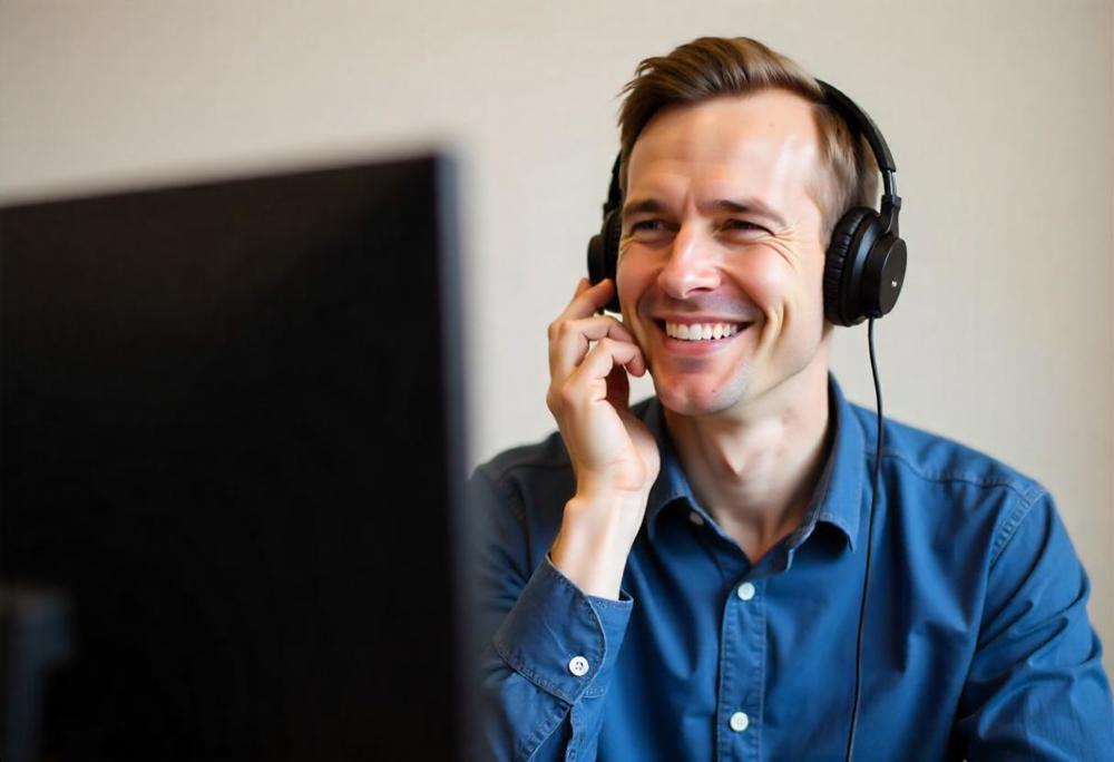 Middleaged Man With Headphones At Laptop