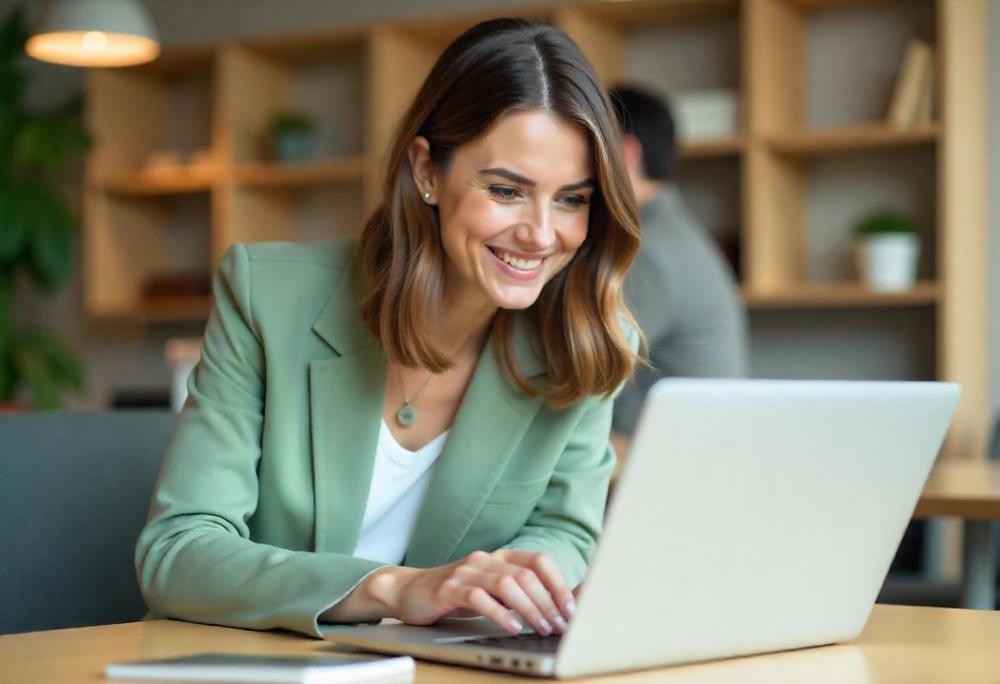Young Woman Wearing Green On Laptop